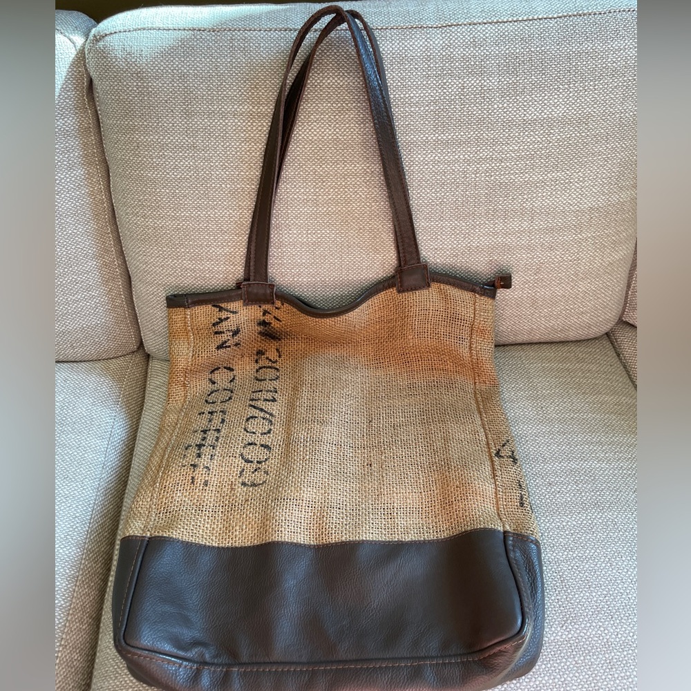 One of a kind, handmade, leather, and burlap bag. From Berlin, Germany!